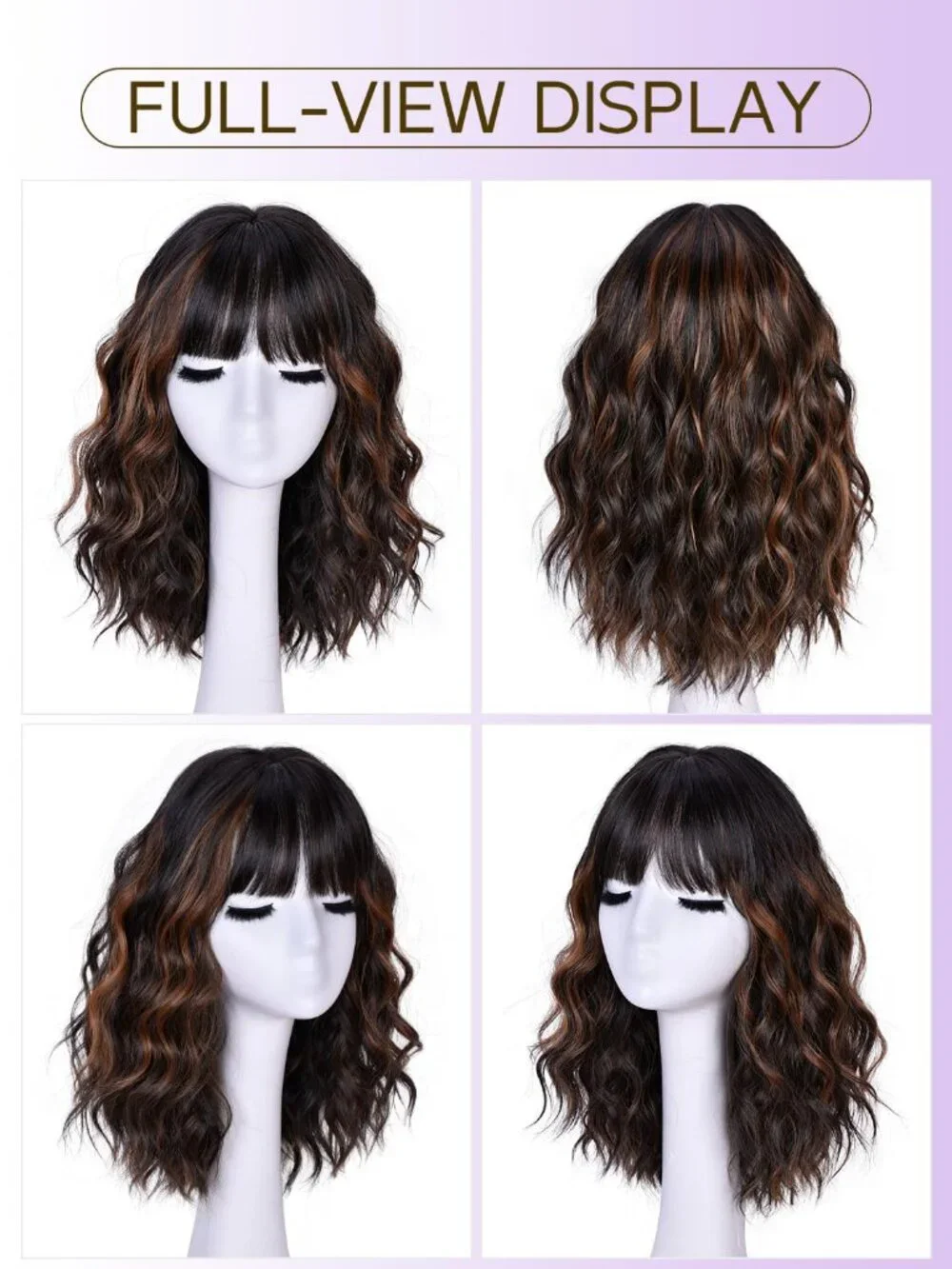Women's Brown Highlight 14 Inch Natural Synthetic Short Curly Wavy Fiber Wigs